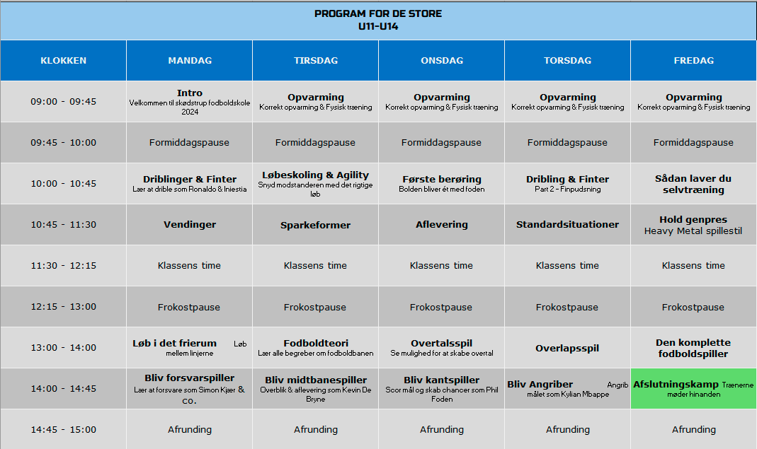 U11-U14 fodboldskoleskema